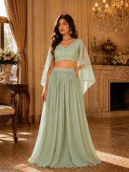 INDO STREET - Women's Georgette Embellished Green Top And Skirt