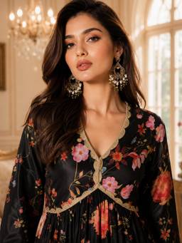 INDO STREET - Women's Art Silk Floral Black Anarkali Kurta And Pant