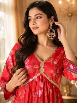 INDO STREET - Women's Art Silk Floral Red Anarkali Kurta And Pant
