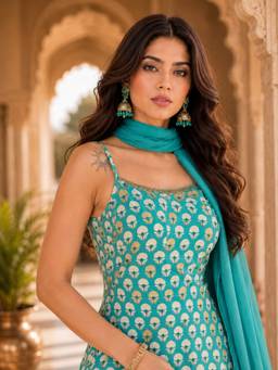 INDO STREET - Women's Viscose Rayon Floral Turquoise Kurti And Sharara With Dupatta