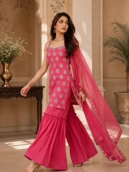 INDO STREET - Women's Viscose Rayon Floral Pink Kurti And Sharara With Dupatta