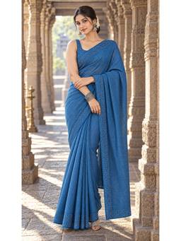 AMRUTKALA SAREES - Women Blue Designer Linen Striped Saree