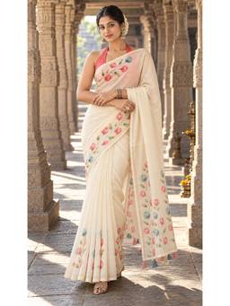 AMRUTKALA SAREES - Women Designer Linen Printed Cream Saree