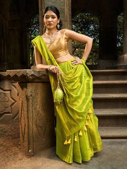 Teejh - Women's Kacchi Kairi Raga Tissue Green Saree