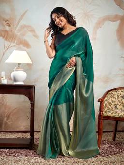 Teejh - Women's Meiyara Satin Bottle Green Saree