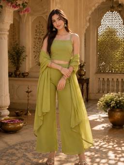 INDO STREET - Women's Georgette Solid Green Co-Ords