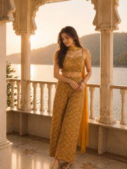 INDO STREET - Women's Polyester Printed Yellow Co-Ords