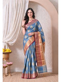 THE WEAVERS SHOP BY RAAVI - Women Blue Woven Design Silk Blend Banarasi Saree