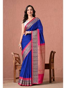 THE WEAVERS SHOP BY RAAVI - Women Royal Blue Silk Blend Woven Zari Border Saree