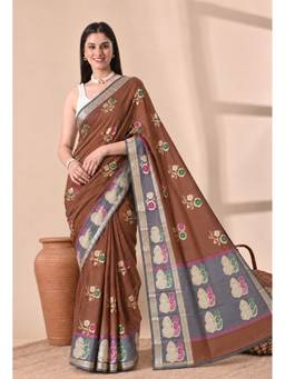 THE WEAVERS SHOP BY RAAVI - Women Elegant Brown Silk Blend Woven Saree