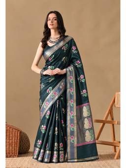 THE WEAVERS SHOP BY RAAVI - Women Elegance Dark Green Silk Blend Woven Saree