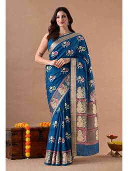 THE WEAVERS SHOP BY RAAVI - Women Peacock Blue Silk Blend Woven Saree