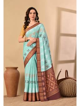 THE WEAVERS SHOP BY RAAVI - Women Sky Blue Art Silk Woven Saree