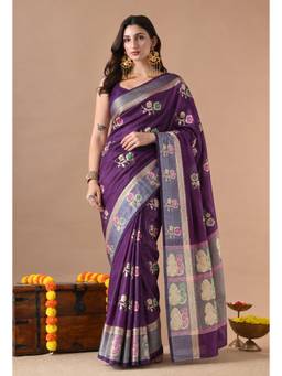 THE WEAVERS SHOP BY RAAVI - Women Deep Purple Silk Blend Woven Saree