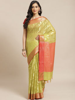 Indethnic - Banarasi Olive Woven Design Festive Wear Saree With Unstitched Blouse