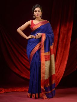 CHARUKRITI - Royal Blue Cotton Silk Handwoven Zari Border & Gheecha Pallu Saree with Unstitched Blouse