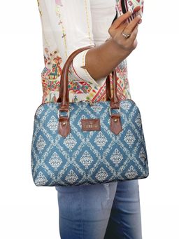 The Clownfish - Montana Series Printed Handicraft Fabric Faux Leather Handbag with Detachable Strap-Blue