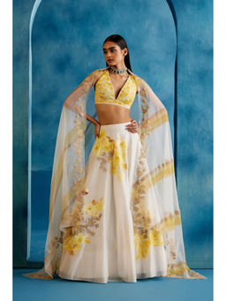 Devnaagri - Ivory And Yellow Silk Chanderi Hand Painted Embroidered Lehenga (Set of 3)