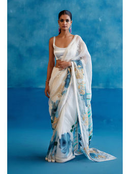 Devnaagri - White & Blue Silk Hand Painted Embroidered Saree with Stitched Blouse