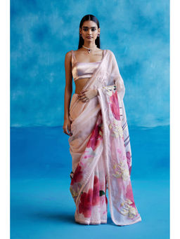 Devnaagri - Pink & Red Silk Hand Painted Embroidered Saree with Stitched Blouse