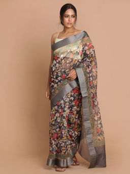 Indethnic - Banarasi Navy Blue Printed Party Wear Saree With Unstitched Blouse
