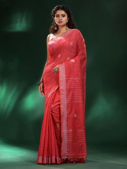 CHARUKRITI - Red Blended Cotton Handwoven Saree with Unstitched Blouse