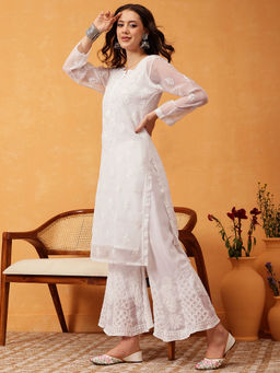 ADA - Embroidered White Kurta with Palazzo (Set of 2)