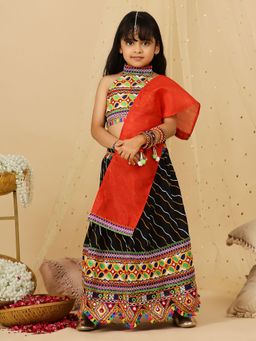 KID1 - Black Navratri Halter Neck Leheriya Printed Lehenga Choli With Dupatta (Set of 3)