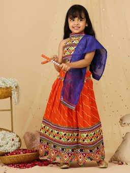 KID1 - Orange Navratri Halter Neck Leheriya Printed Lehenga Choli With Dupatta (Set of 3)