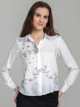 SHAYE - White Spread Collar Embroidered Full Sleeves Casual Shirt