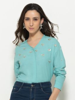 SHAYE - Blue V-Neck Full Sleeves Party Shirt