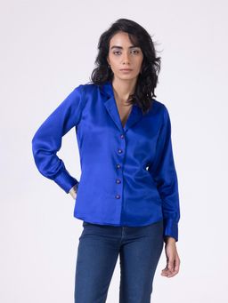 SHAYE - Blue Notch Collar Solid Full Sleeves Casual Shirt