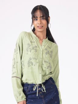 SHAYE - Green Mandarin Neck Full Sleeves Party Shirt