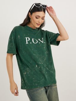Styli - Women Green Typography Crew Neck Oversized T-Shirt