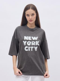 Styli - Women Charcoal Typography Printed Crew Neck Oversized T-Shirt