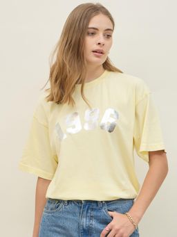 Styli - Women Yellow Typography Printed Crew Neck Oversized Fit T-Shirt
