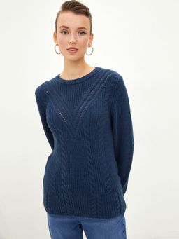 LC WAIKIKI - Indigo Crew Neck Self-patterned Long Sleeve Women's Knitwear Sweater