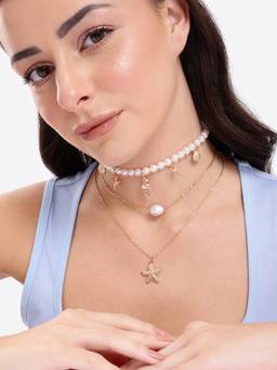 Carlton London - Rose Gold Plated White Pearl Seashells and Starfish Layered Necklace (Pack of 3)