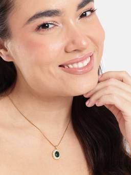Carlton London - Gold Plated Emerald Green CZ Solitaire and Studded Halo Pendant with Chain
