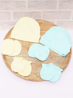 Moms Home - Newborn Baby Cap Mitten Bootie Set Yellow & Blue (0-3 Months)