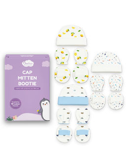 Moms Home - Designer Cap Mitten Bootie Set For Newborn Baby White (0-3 Months)