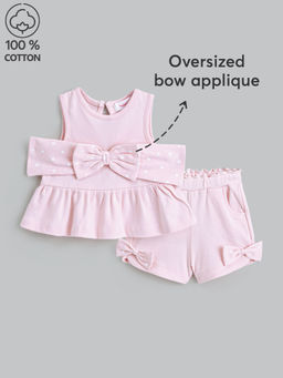 Hopscotch - Frilled Bow-Detail Cotton Blouse Top and Short Pink
