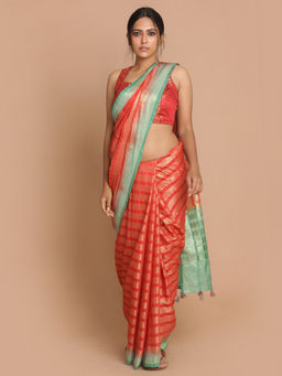 Indethnic - Banarasi Red Stripes Daily Wear Saree With Unstitched Blouse