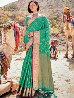 Odette - Womens Green Banarasi Silk Woven Design Saree with Unstitched Blouse
