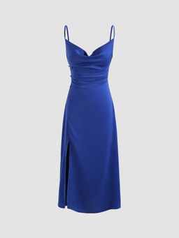 Cider - Solid Cowl Neck Slit Midi Dress