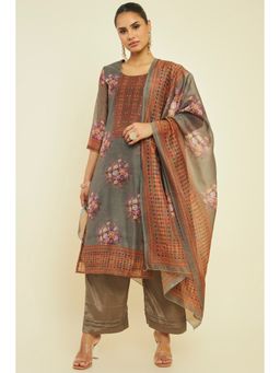 Soch - Women Olive Chanderi Floral Dress Material (Set of 3)