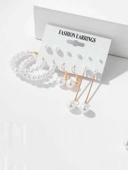 Jewels Galaxy - Gold Plated Gold-Toned White Studs, Hoops and Drop Earrings Set of 6