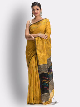 Angoshobha - Dark Yellow Cotton Blended Handloom Jamdani Saree with Unstitched Blouse