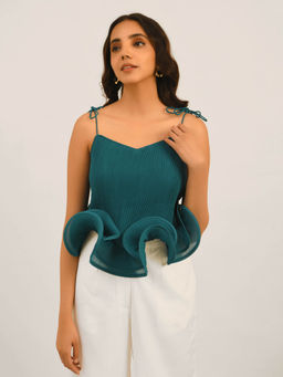 Attic Salt - Turquoise Resort Vacay Top With Dramatic Hem Ruffle