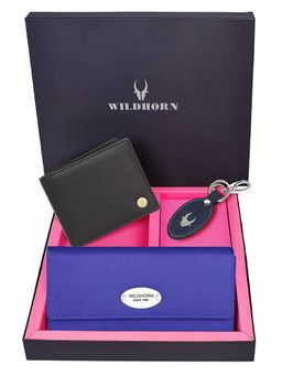 WILDHORN - Premium Leather Ladies Wallet, Mens Wallet and Keychain Gift -1K_BL_2052BK_K (Set of 3)